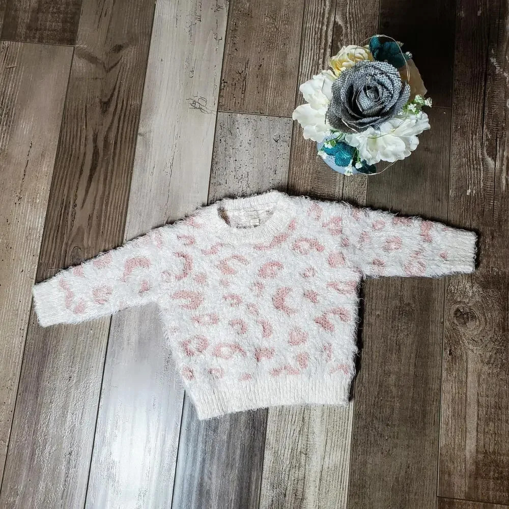 Jessica Simpson Pink and White Leopard Animal Print Fuzzy Sweater Size 18m NWOT